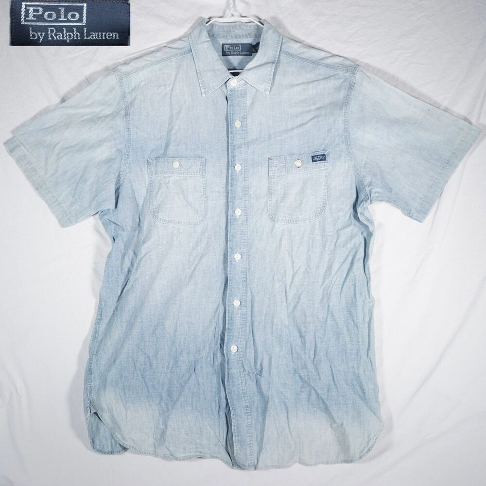 Ralph Lauren Polo Button Up Shirt White Denim Look Faded Vintage Style Large